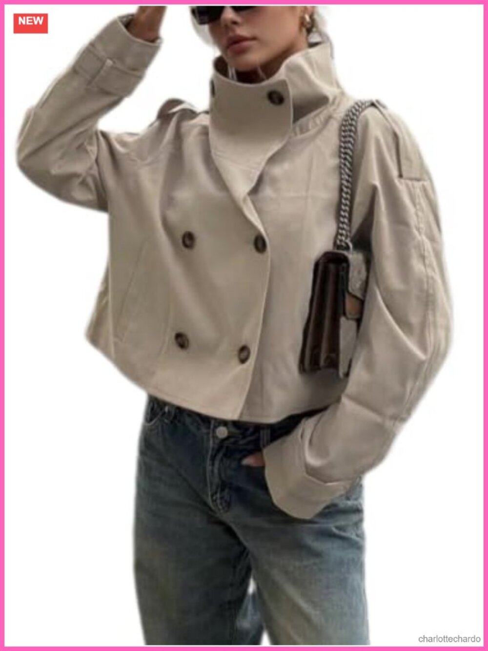 Cropped Trench Coat Double Breasted Mock Neck Long Sleeve Short Jacket